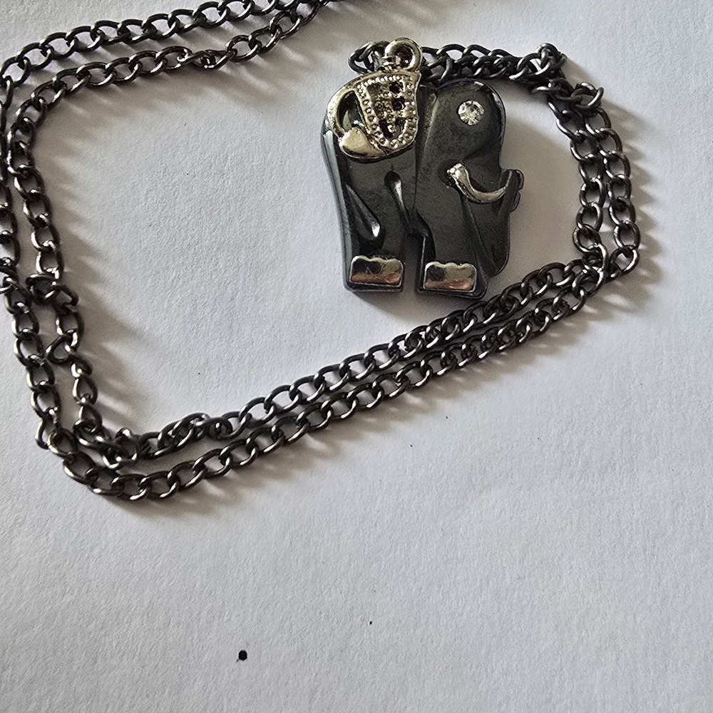 Black Hematite Elephant 1"L. Pendant Necklace with Silver Accents New